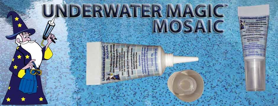 Underwater Magic product used for mosaic pool tile repair and leak repair underwater